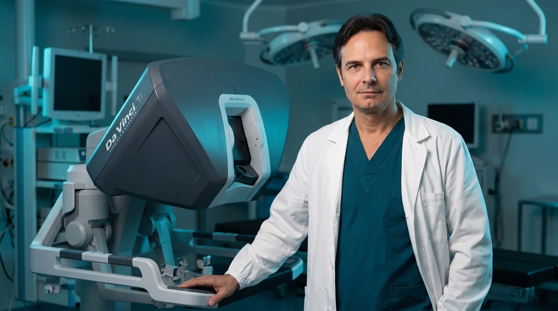 Il Dr. Antonio Amodeo accanto al sistema robotico Da Vinci